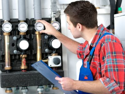 Technician servicing the gas boiler for hot water and heating